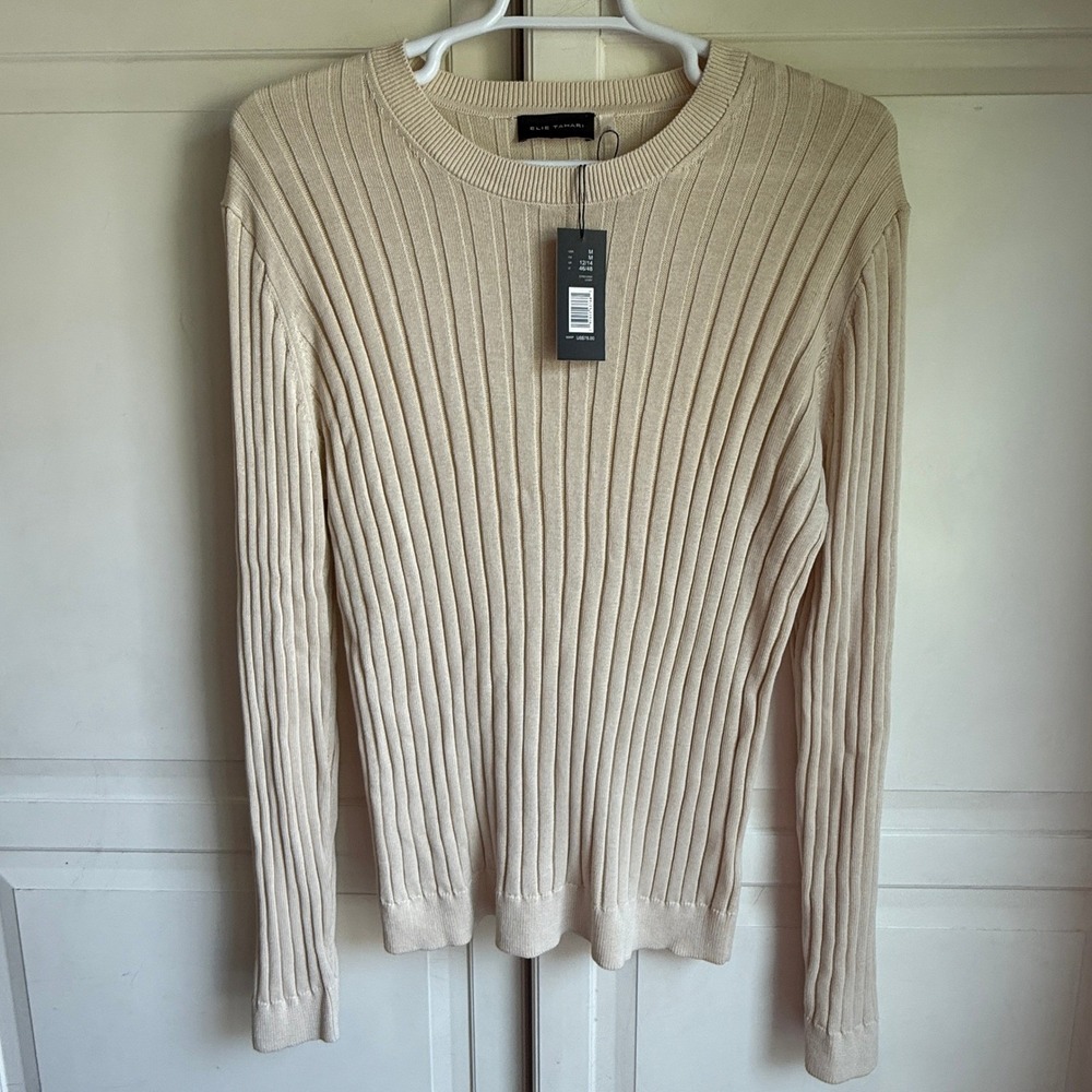 Elie Tahari Ivory Ribbed Knit Long Sleeve Crew Neck‎ Sweater Mens Size M New